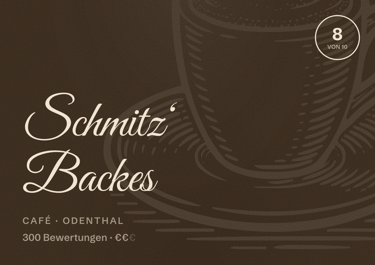 Illustriertes Poster von Schmitz‘ Backes, Café in Odenthal: Bewertung 8 von 10 aus 300 Bewertungen, Preisniveau €€