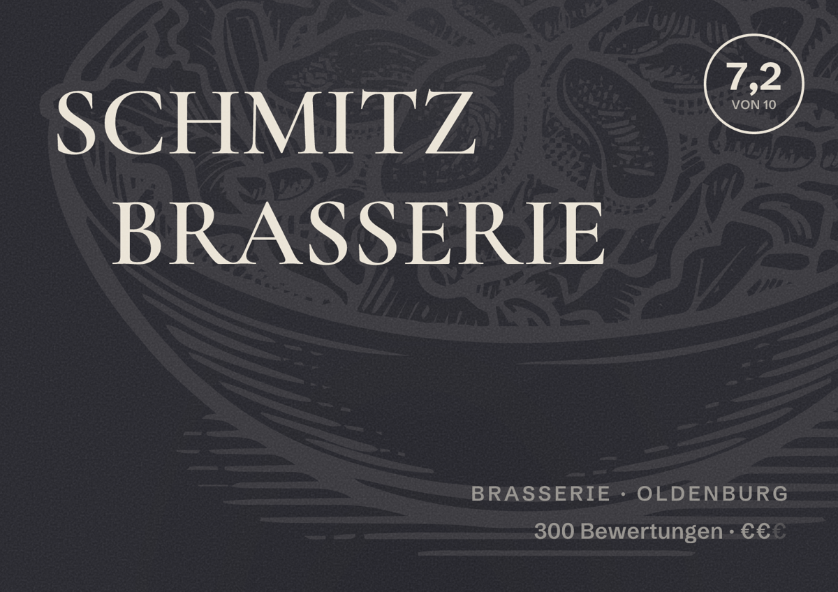 Illustriertes Poster von SCHMITZ BRASSERIE, Brasserie in Oldenburg: Bewertung 7,2 von 10 aus 300 Bewertungen, Preisniveau €€