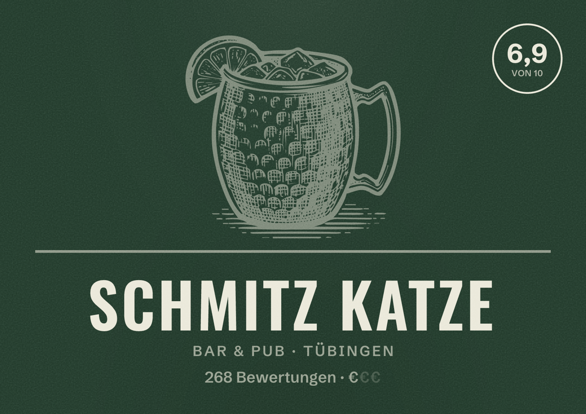 Illustriertes Poster von Schmitz Katze, Bar & Pub in Tübingen: Bewertung 6,9 von 10 aus 268 Bewertungen, Preisniveau €
