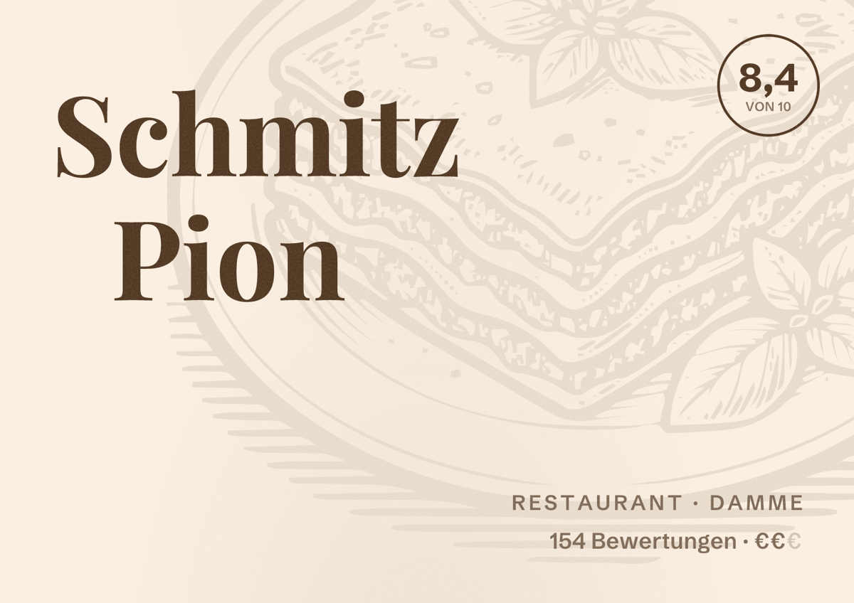 Illustriertes Poster von Schmitz Pion, Restaurant in Damme: Bewertung 8,4 von 10 aus 154 Bewertungen, Preisniveau €€