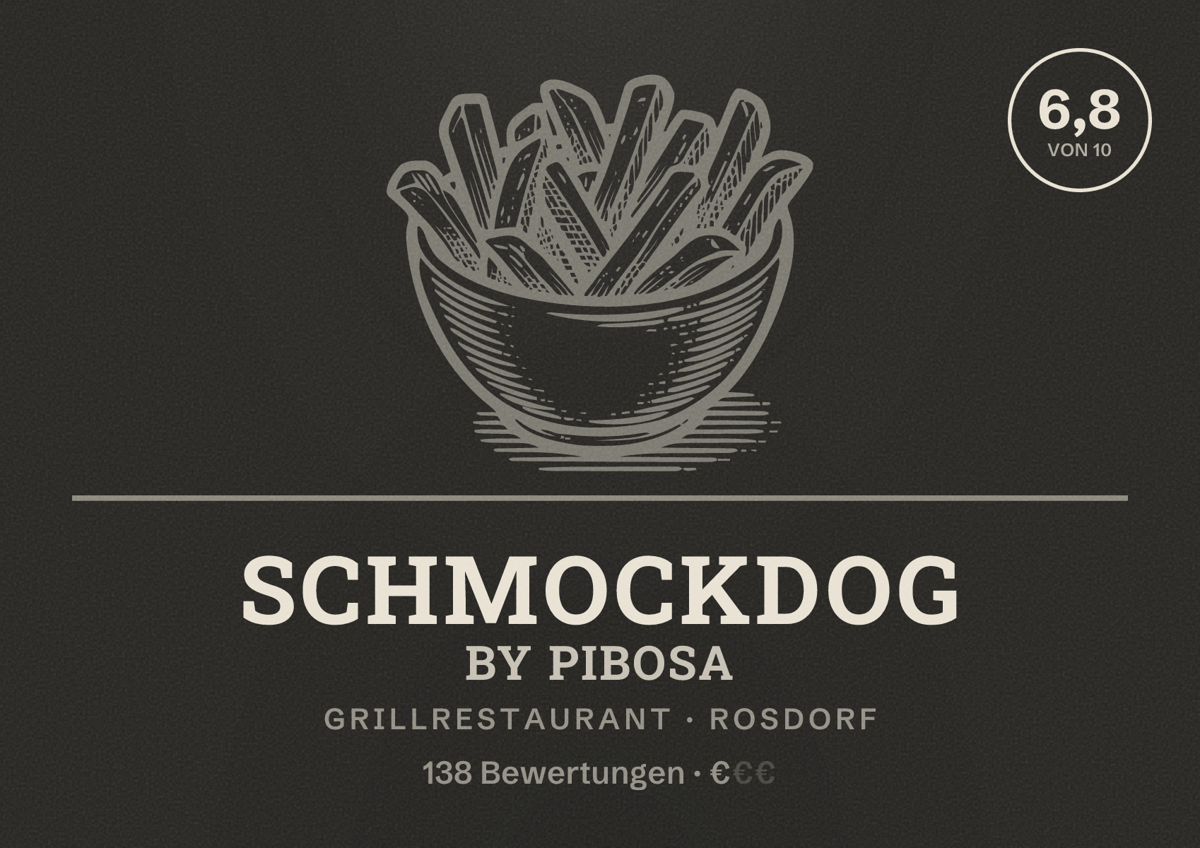 Illustriertes Poster von Schmockdog by Pibosa, Grillrestaurant in Rosdorf: Bewertung 6,8 von 10 aus 138 Bewertungen, Preisniveau €