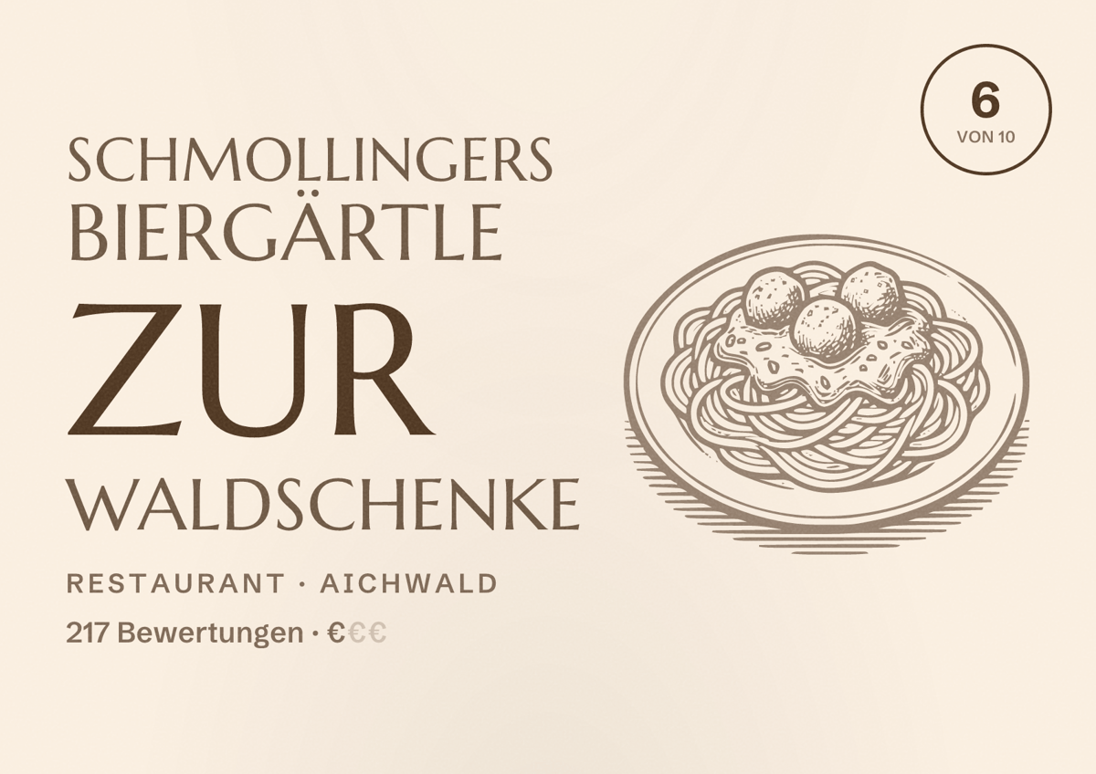 Illustriertes Poster von Schmollingers Biergärtle zur Waldschenke, Restaurant in Aichwald: Bewertung 6 von 10 aus 217 Bewertungen, Preisniveau €
