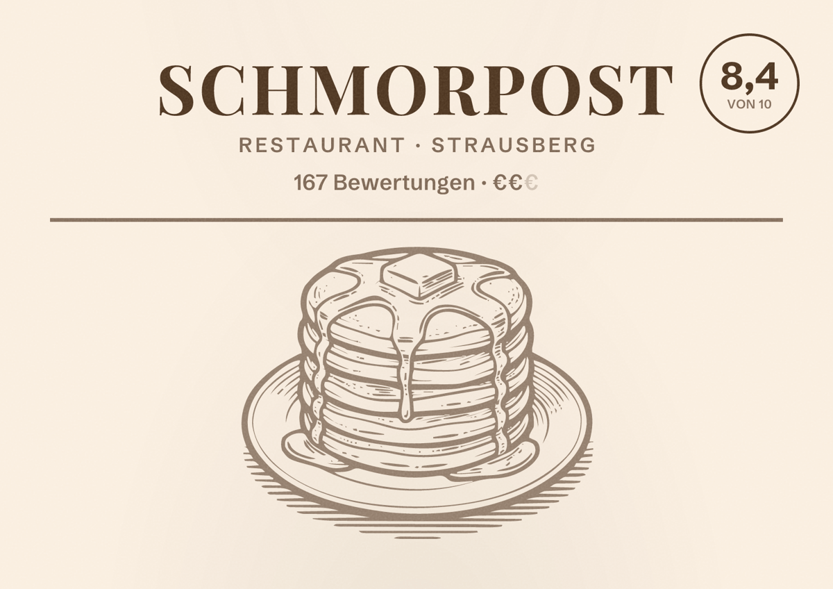 Illustriertes Poster von Schmorpost, Restaurant in Strausberg: Bewertung 8,4 von 10 aus 167 Bewertungen, Preisniveau €€
