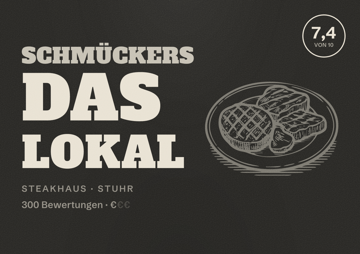 Illustriertes Poster von Schmückers Das Lokal, Steakhaus in Stuhr: Bewertung 7,4 von 10 aus 300 Bewertungen, Preisniveau €