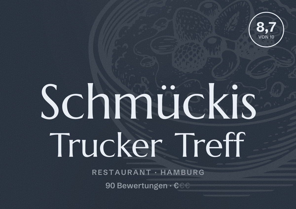 Illustriertes Poster von Schmückis Trucker Treff, Restaurant in Hamburg: Bewertung 8,7 von 10 aus 90 Bewertungen, Preisniveau €