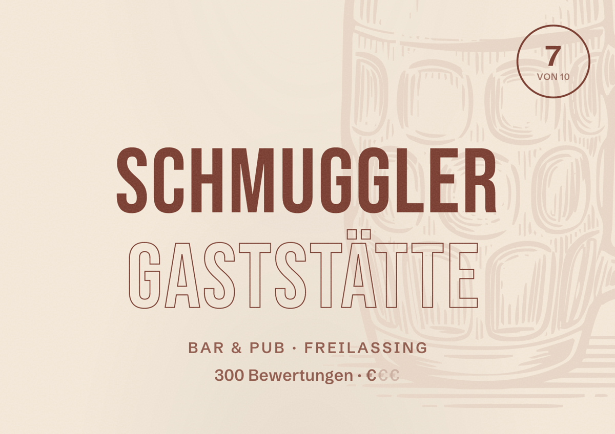 Illustriertes Poster von Schmuggler Gaststätte, Bar & Pub in Freilassing: Bewertung 7 von 10 aus 300 Bewertungen, Preisniveau €