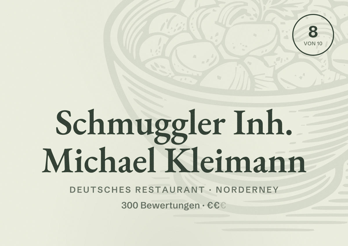 Illustriertes Poster von Schmuggler Inh. Michael Kleimann, Deutsches Restaurant in Norderney: Bewertung 8 von 10 aus 300 Bewertungen, Preisniveau €€