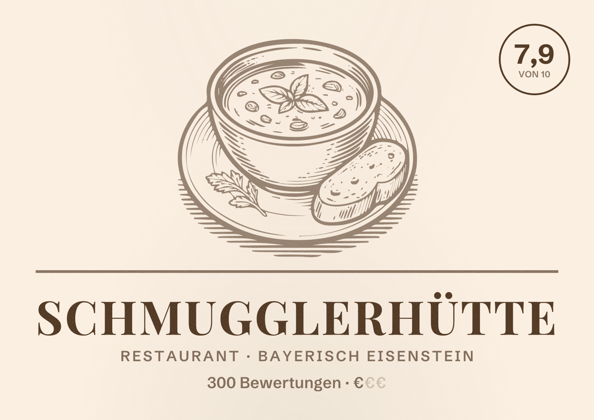 Illustriertes Poster von Schmugglerhütte, Restaurant in Bayerisch Eisenstein: Bewertung 7,9 von 10 aus 300 Bewertungen, Preisniveau €