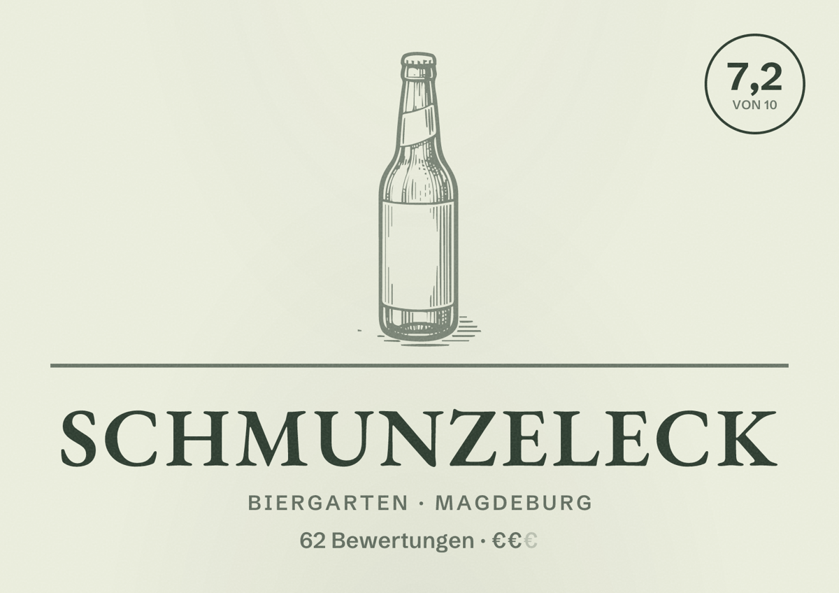 Illustriertes Poster von Schmunzeleck, Biergarten in Magdeburg: Bewertung 7,2 von 10 aus 62 Bewertungen, Preisniveau €€
