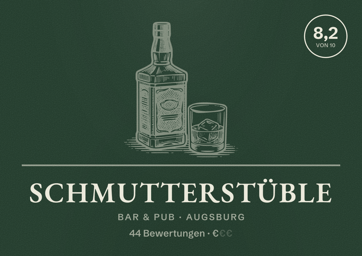 Illustriertes Poster von Schmutterstüble, Bar & Pub in Augsburg: Bewertung 8,2 von 10 aus 44 Bewertungen, Preisniveau €