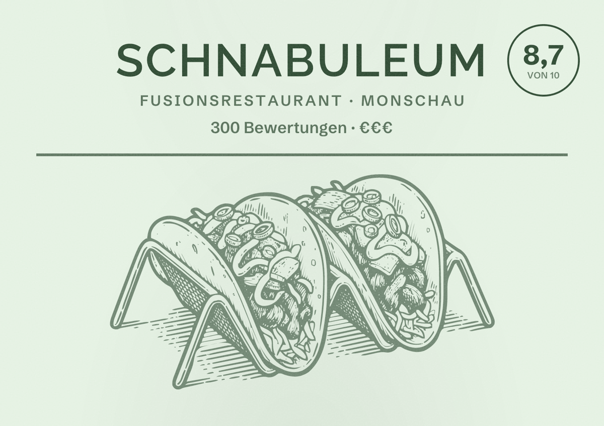Illustriertes Poster von Schnabuleum, Fusionsrestaurant in Monschau: Bewertung 8,7 von 10 aus 300 Bewertungen, Preisniveau €€€