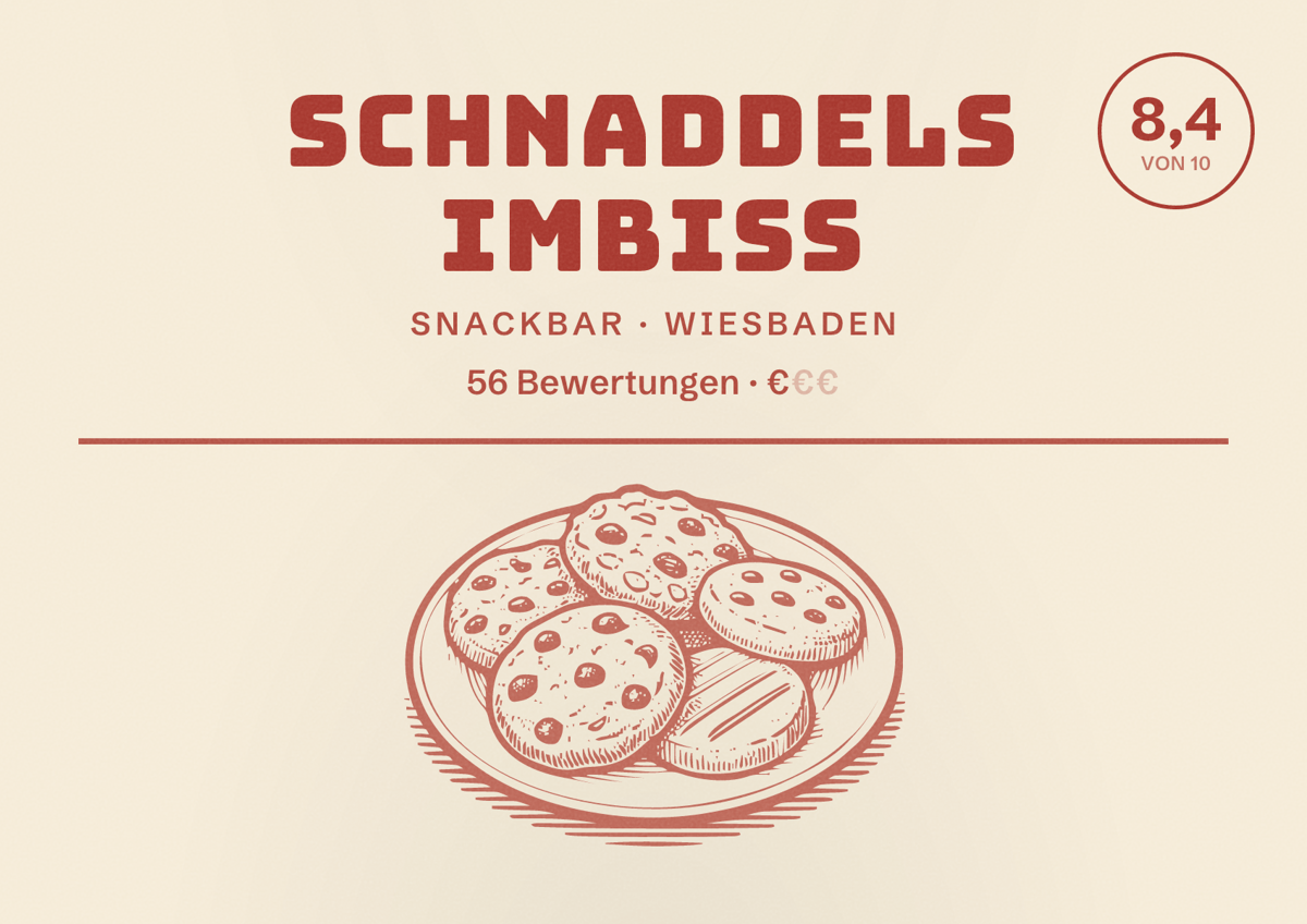 Illustriertes Poster von Schnaddels Imbiss, Snackbar in Wiesbaden: Bewertung 8,4 von 10 aus 56 Bewertungen, Preisniveau €