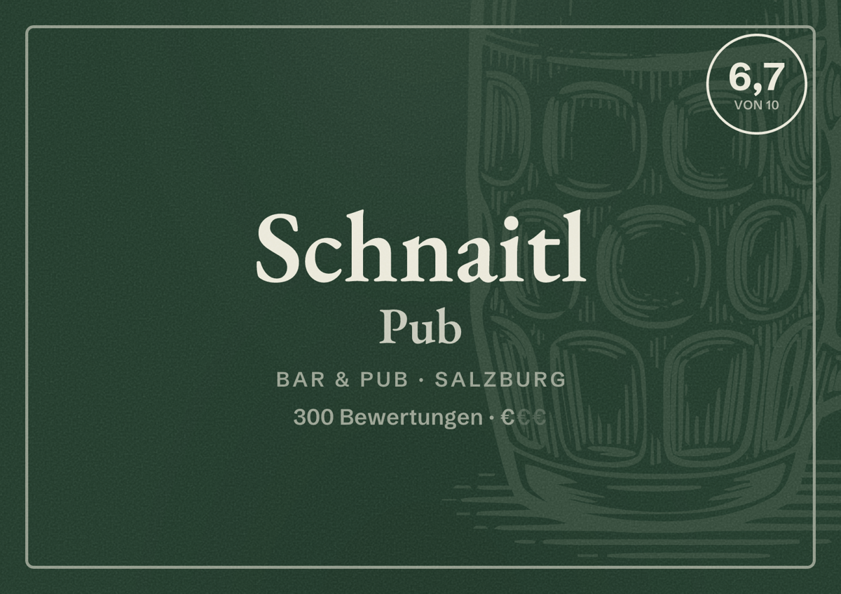 Illustriertes Poster von Schnaitl Pub, Bar & Pub in Salzburg: Bewertung 6,7 von 10 aus 300 Bewertungen, Preisniveau €