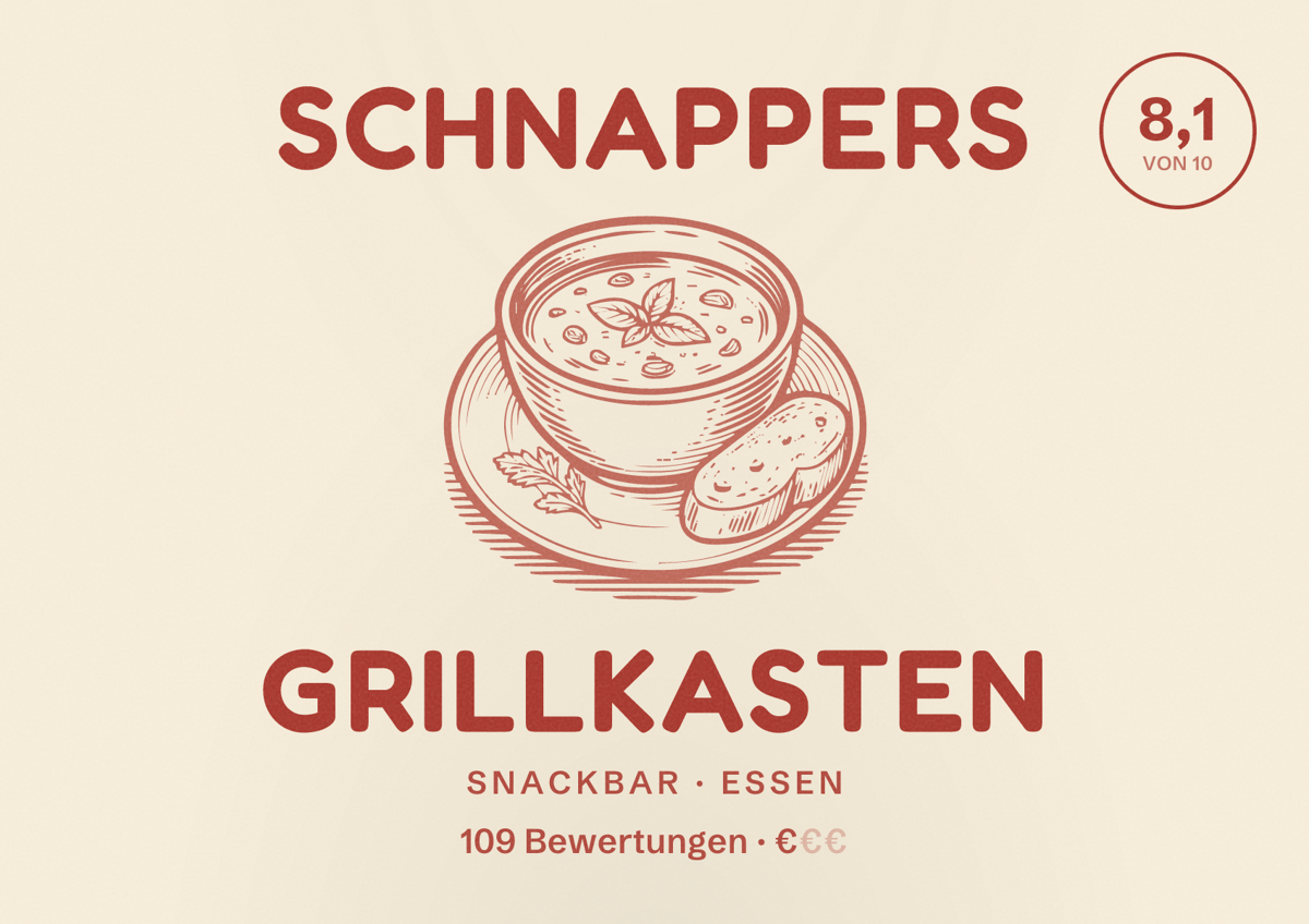 Illustriertes Poster von Schnappers Grillkasten, Snackbar in Essen: Bewertung 8,1 von 10 aus 109 Bewertungen, Preisniveau €