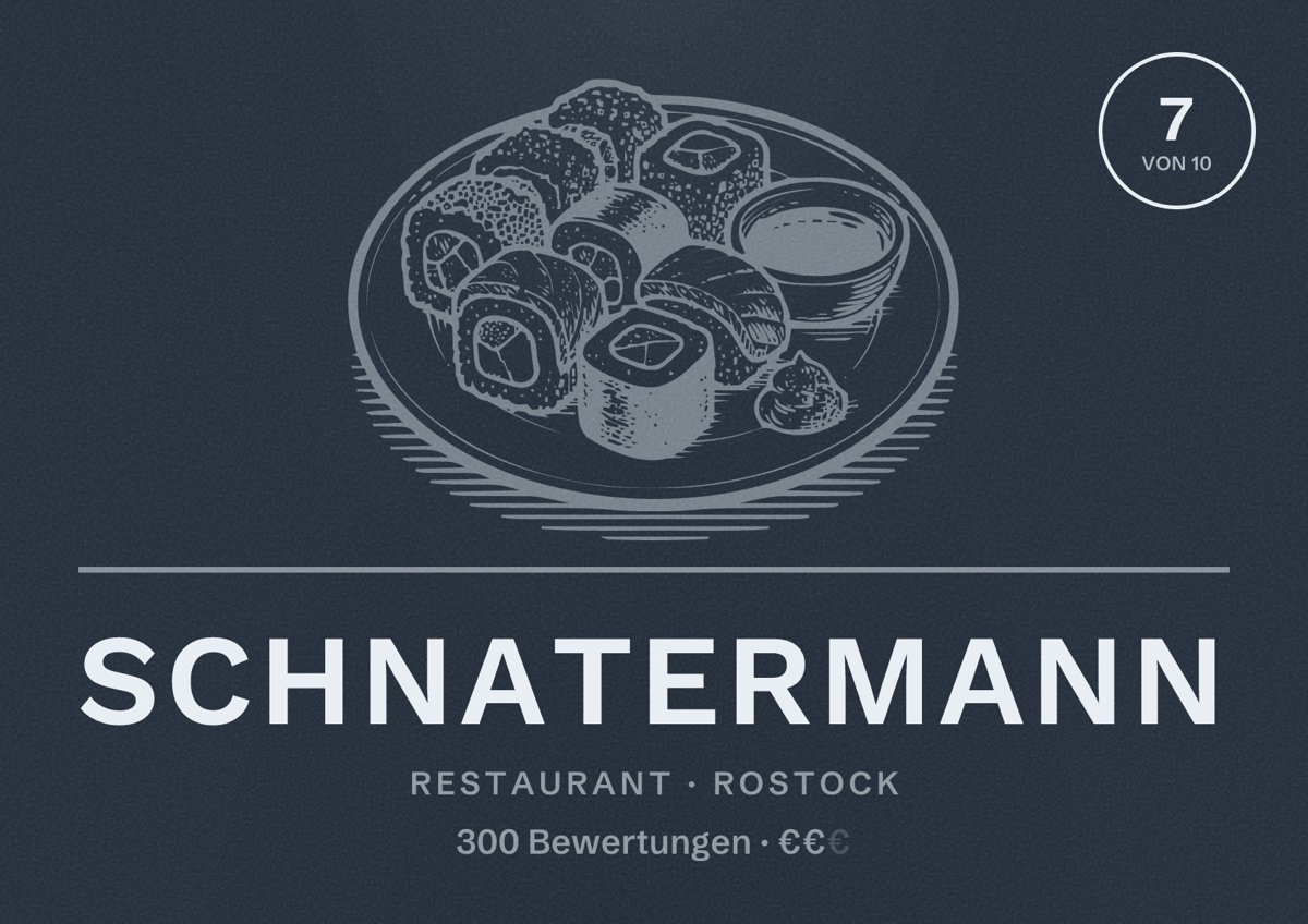 Illustriertes Poster von Schnatermann, Restaurant in Rostock: Bewertung 7 von 10 aus 300 Bewertungen, Preisniveau €€