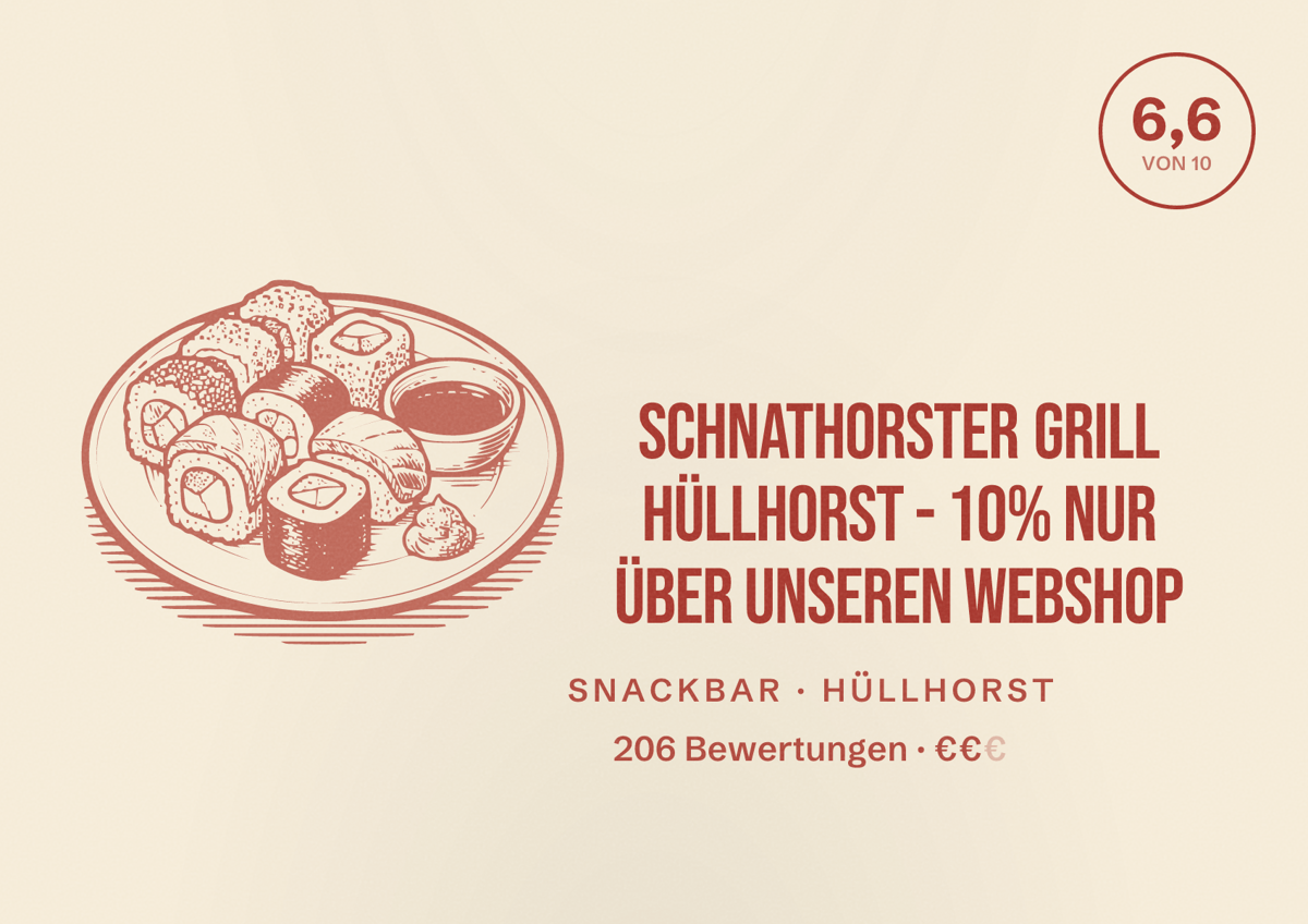 Illustriertes Poster von Schnathorster Grill Hüllhorst - 10% NUR über unseren Webshop, Snackbar in Hüllhorst: Bewertung 6,6 von 10 aus 206 Bewertungen, Preisniveau €€