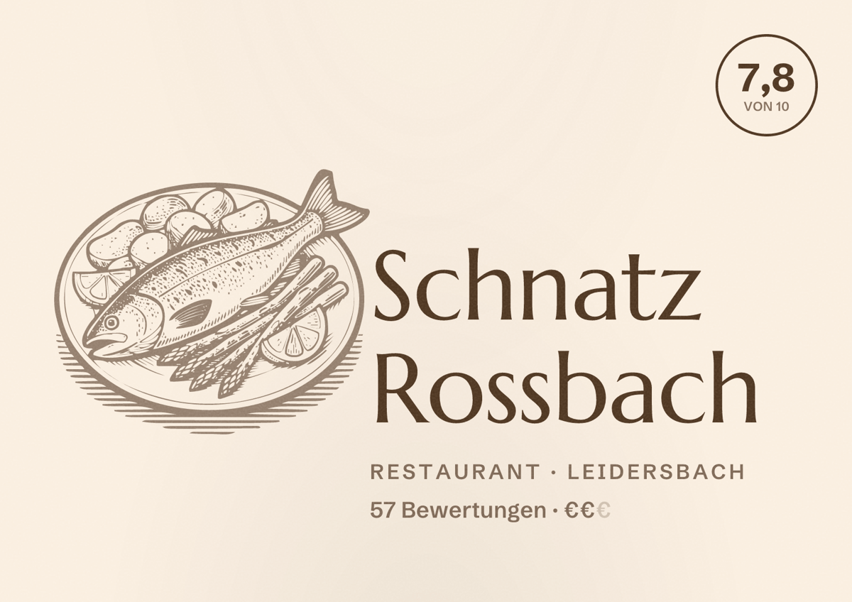 Illustriertes Poster von Schnatz Rossbach, Restaurant in Leidersbach: Bewertung 7,8 von 10 aus 57 Bewertungen, Preisniveau €€