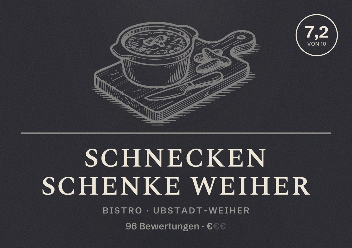 Illustriertes Poster von Schnecken Schenke Weiher, Bistro in Ubstadt-Weiher: Bewertung 7,2 von 10 aus 96 Bewertungen, Preisniveau €