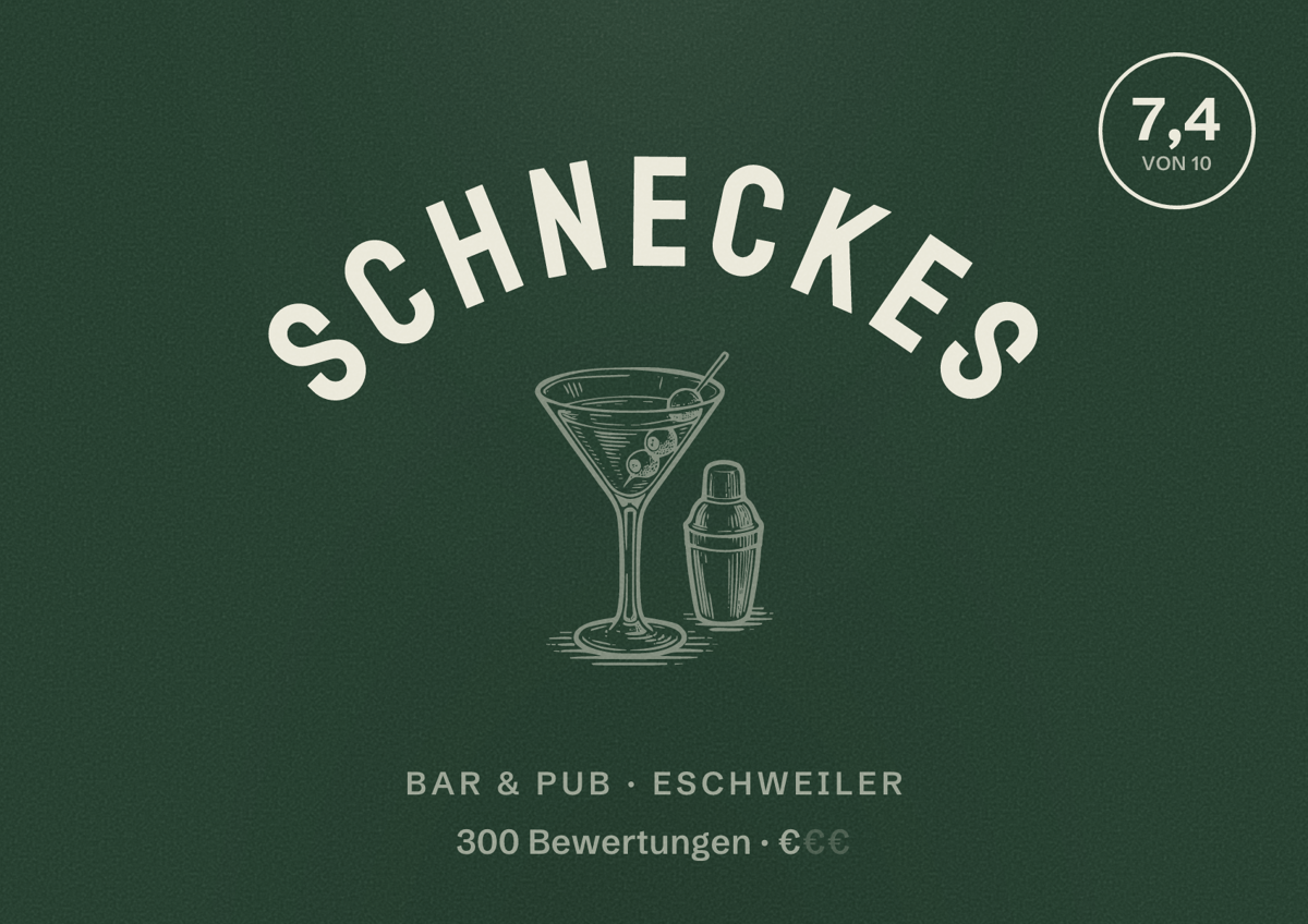 Illustriertes Poster von Schneckes, Bar & Pub in Eschweiler: Bewertung 7,4 von 10 aus 300 Bewertungen, Preisniveau €