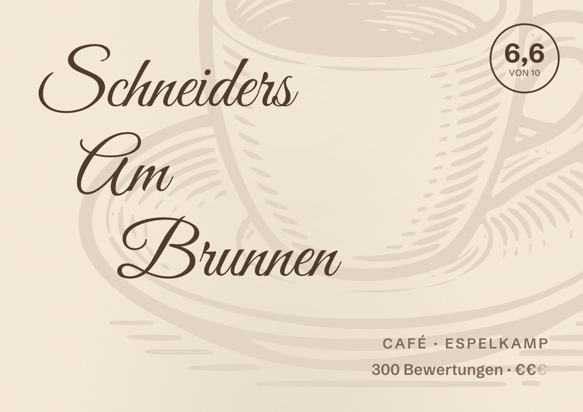 Illustriertes Poster von Schneiders Am Brunnen, Café in Espelkamp: Bewertung 6,6 von 10 aus 300 Bewertungen, Preisniveau €€