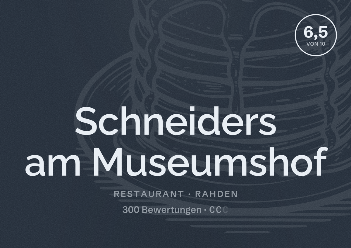 Illustriertes Poster von Schneiders am Museumshof, Restaurant in Rahden: Bewertung 6,5 von 10 aus 300 Bewertungen, Preisniveau €€