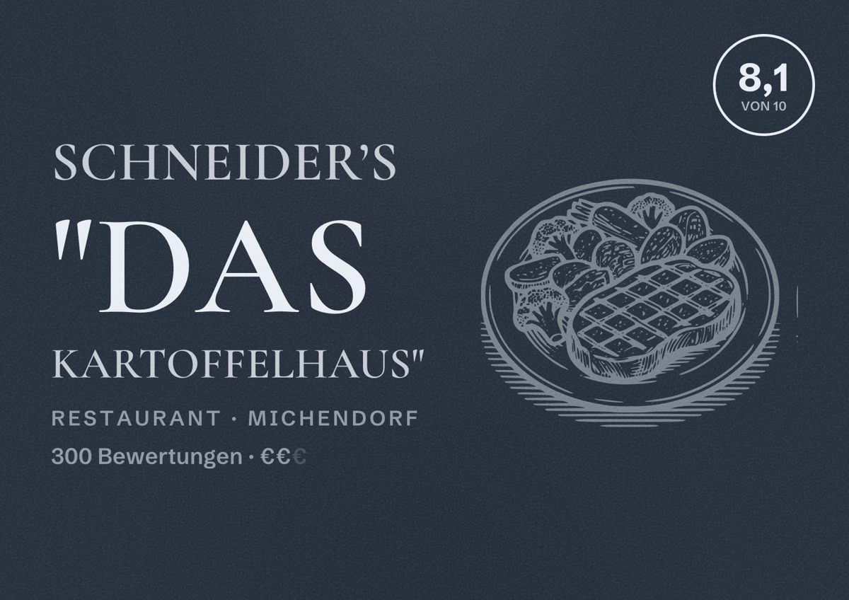 Illustriertes Poster von Schneider’s "Das Kartoffelhaus", Restaurant in Michendorf: Bewertung 8,1 von 10 aus 300 Bewertungen, Preisniveau €€