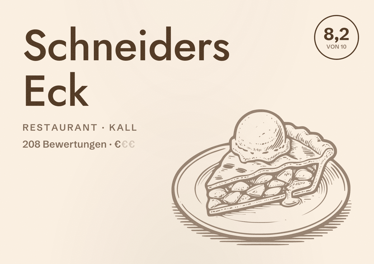 Illustriertes Poster von Schneiders Eck, Restaurant in Kall: Bewertung 8,2 von 10 aus 208 Bewertungen, Preisniveau €