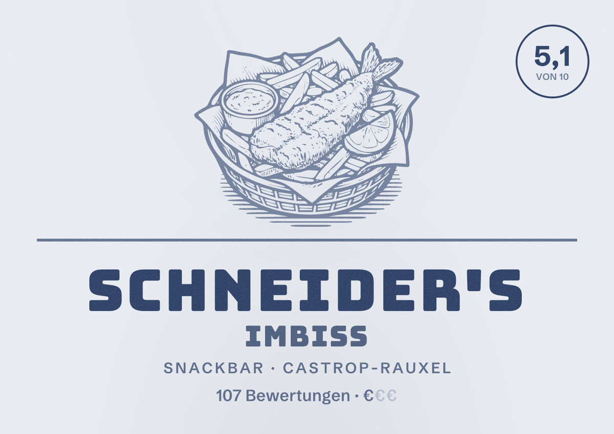 Illustriertes Poster von Schneider's Imbiss, Snackbar in Castrop-Rauxel: Bewertung 5,1 von 10 aus 107 Bewertungen, Preisniveau €