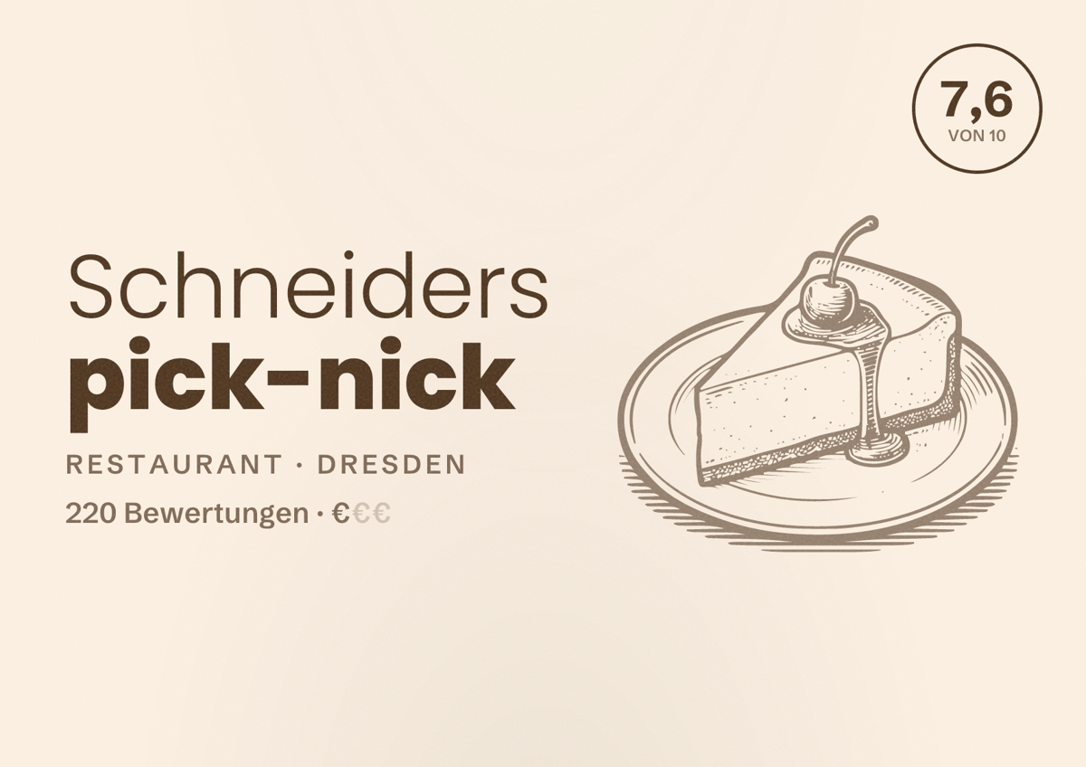 Illustriertes Poster von Schneiders pick-nick, Restaurant in Dresden: Bewertung 7,6 von 10 aus 220 Bewertungen, Preisniveau €