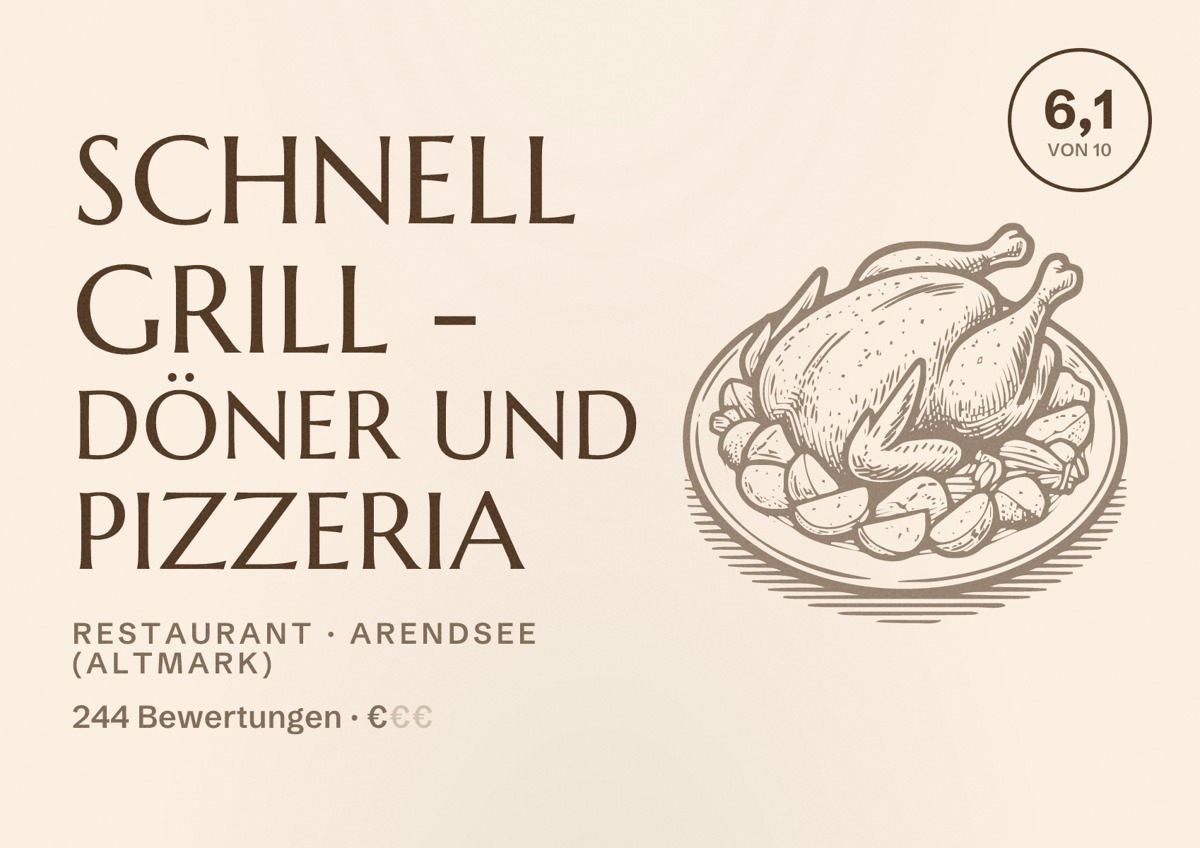 Illustriertes Poster von Schnell Grill - Döner und Pizzeria, Restaurant in Arendsee (Altmark): Bewertung 6,1 von 10 aus 244 Bewertungen, Preisniveau €