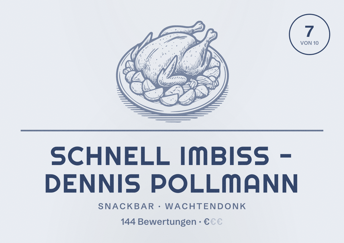 Illustriertes Poster von Schnell Imbiss - Dennis Pollmann, Snackbar in Wachtendonk: Bewertung 7 von 10 aus 144 Bewertungen, Preisniveau €