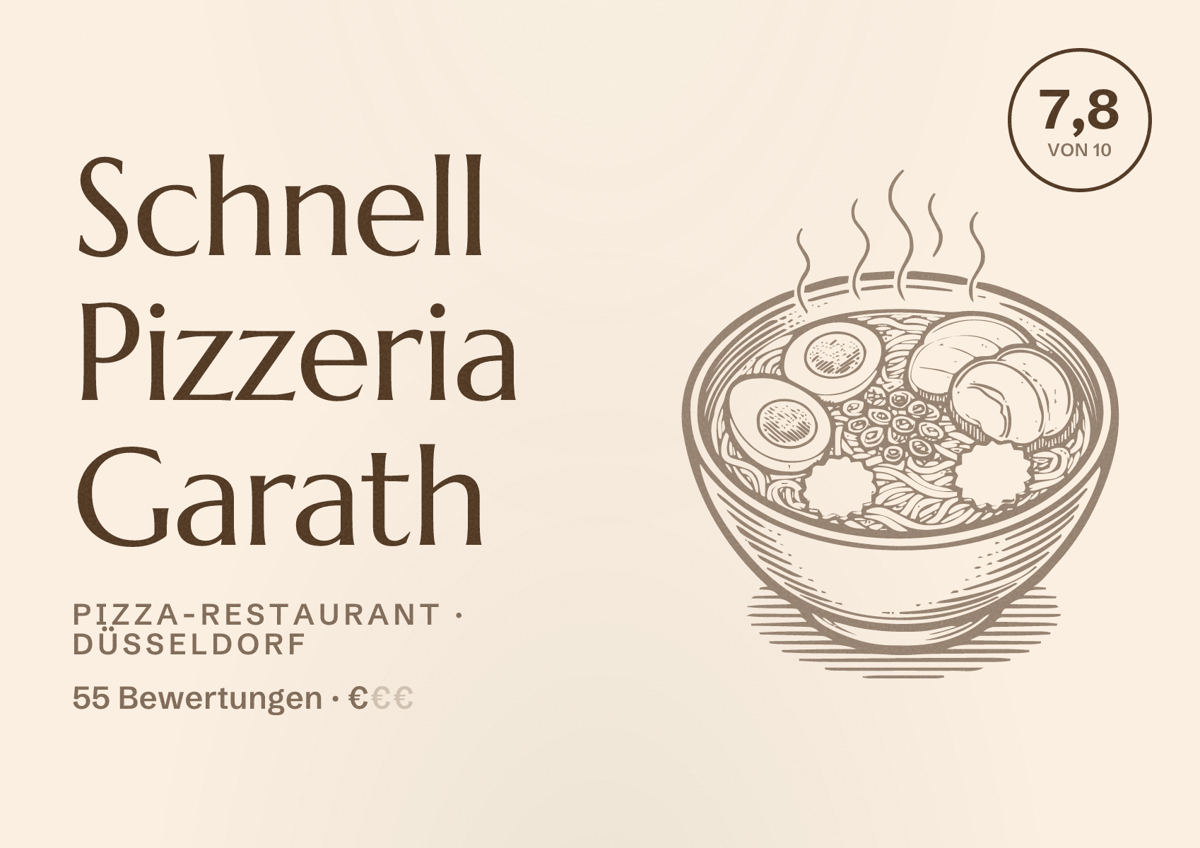 Illustriertes Poster von Schnell Pizzeria Garath, Pizza-Restaurant in Düsseldorf: Bewertung 7,8 von 10 aus 55 Bewertungen, Preisniveau €