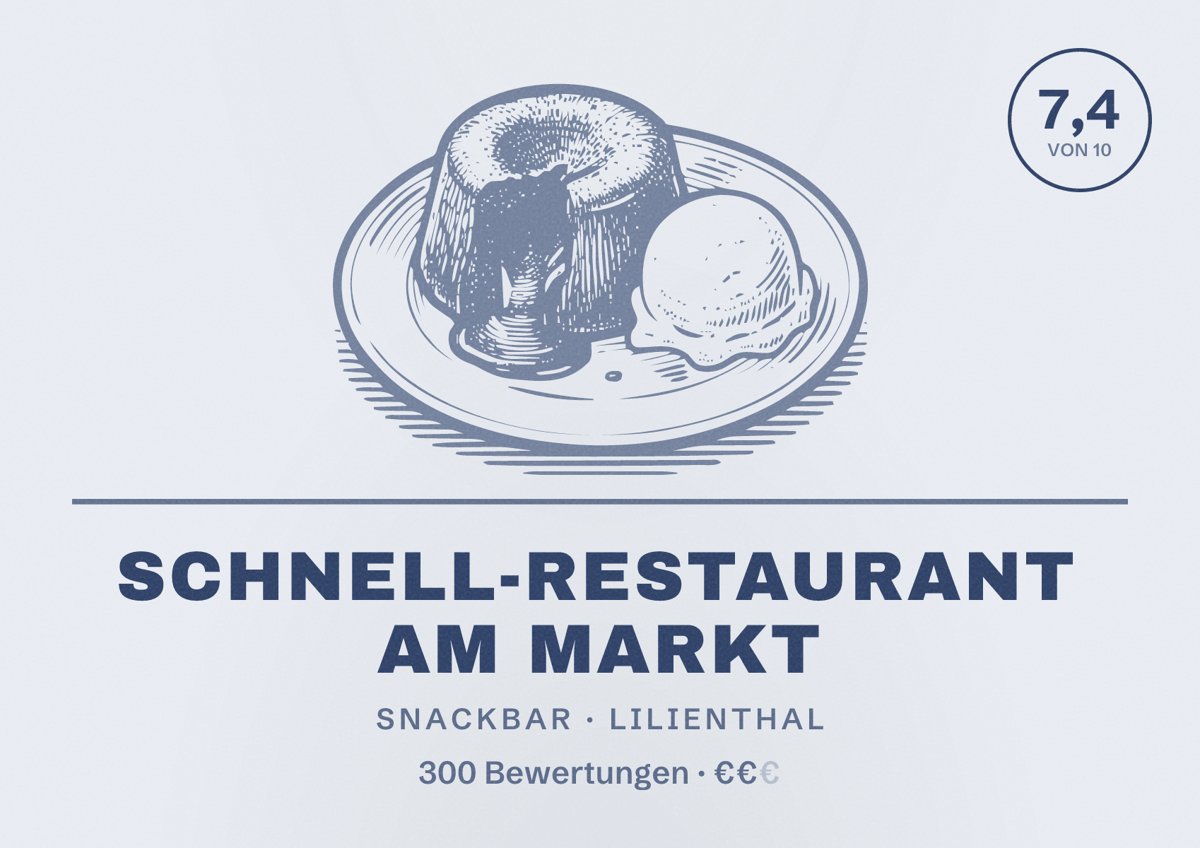 Illustriertes Poster von Schnell-Restaurant Am Markt, Snackbar in Lilienthal: Bewertung 7,4 von 10 aus 300 Bewertungen, Preisniveau €€