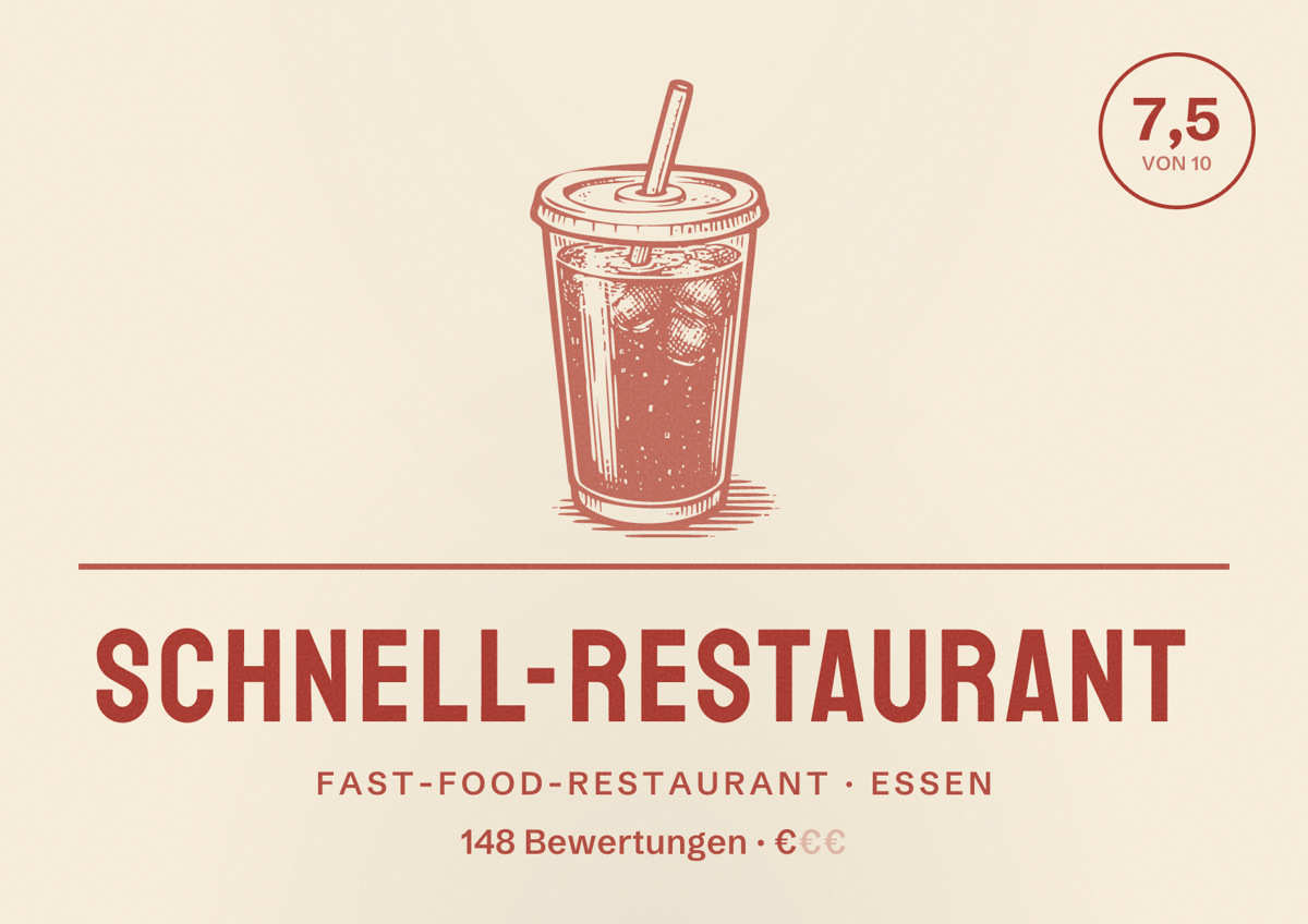 Illustriertes Poster von Schnell-Restaurant, Fast-Food-Restaurant in Essen: Bewertung 7,5 von 10 aus 148 Bewertungen, Preisniveau €