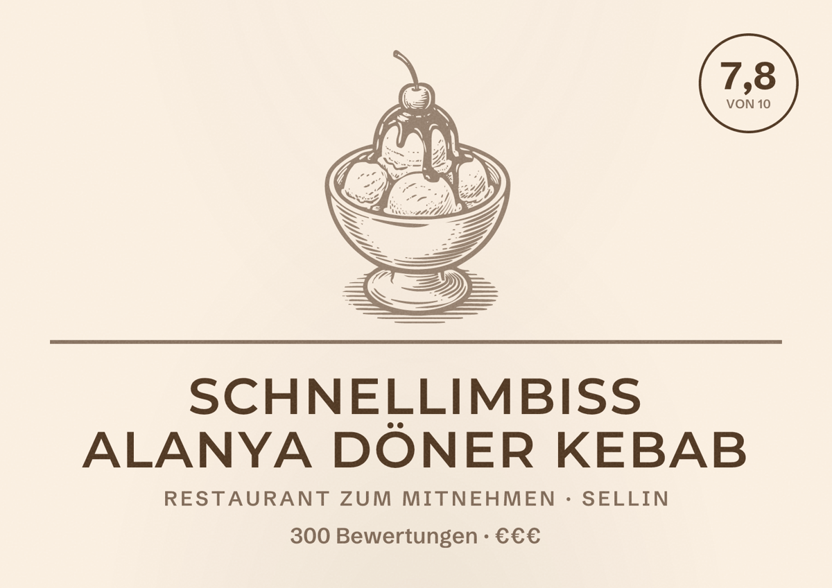 Illustriertes Poster von Schnellimbiss ALANYA Döner Kebab, Restaurant zum Mitnehmen in Sellin: Bewertung 7,8 von 10 aus 300 Bewertungen, Preisniveau €€€