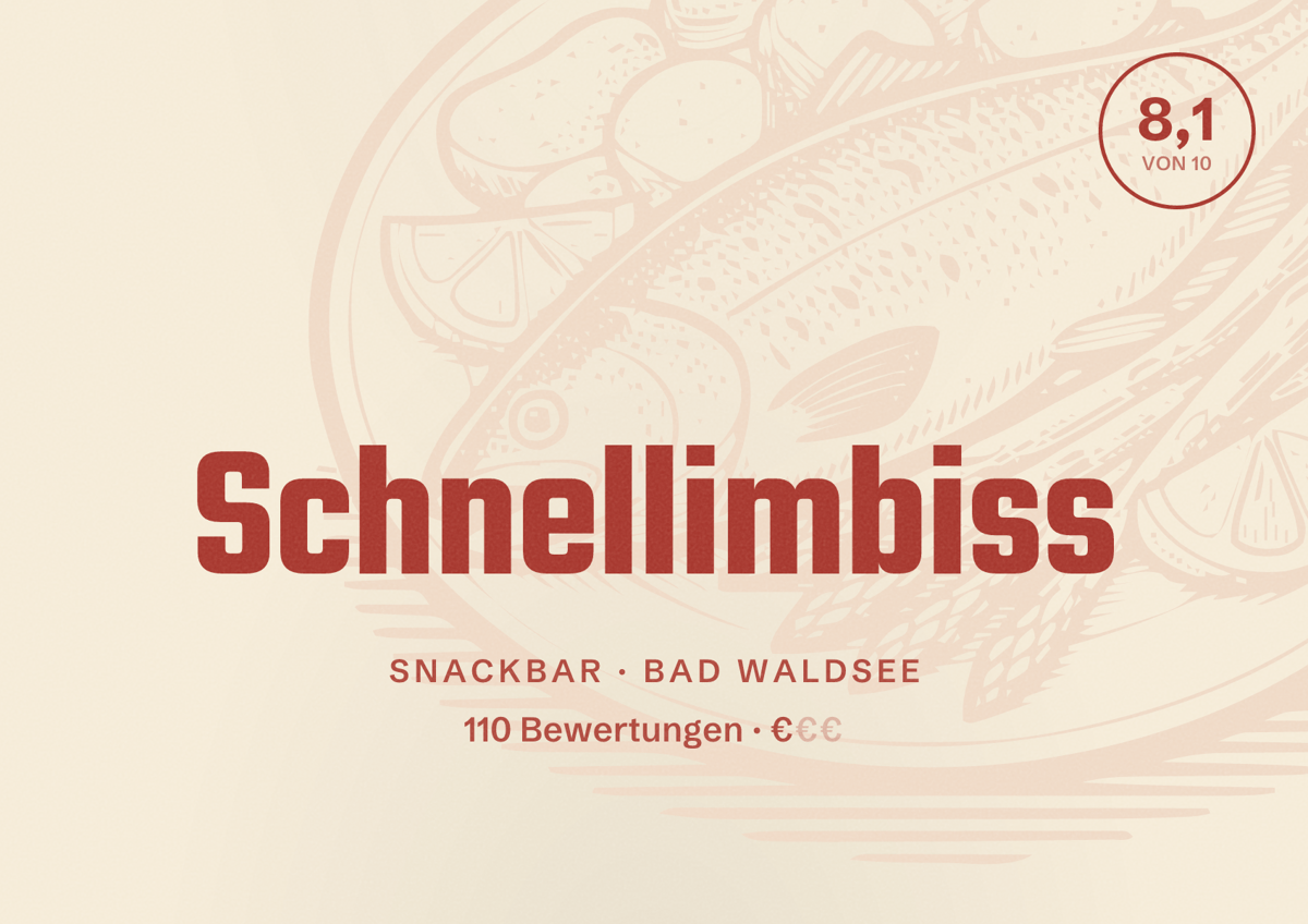 Illustriertes Poster von Schnellimbiss, Snackbar in Bad Waldsee: Bewertung 8,1 von 10 aus 110 Bewertungen, Preisniveau €