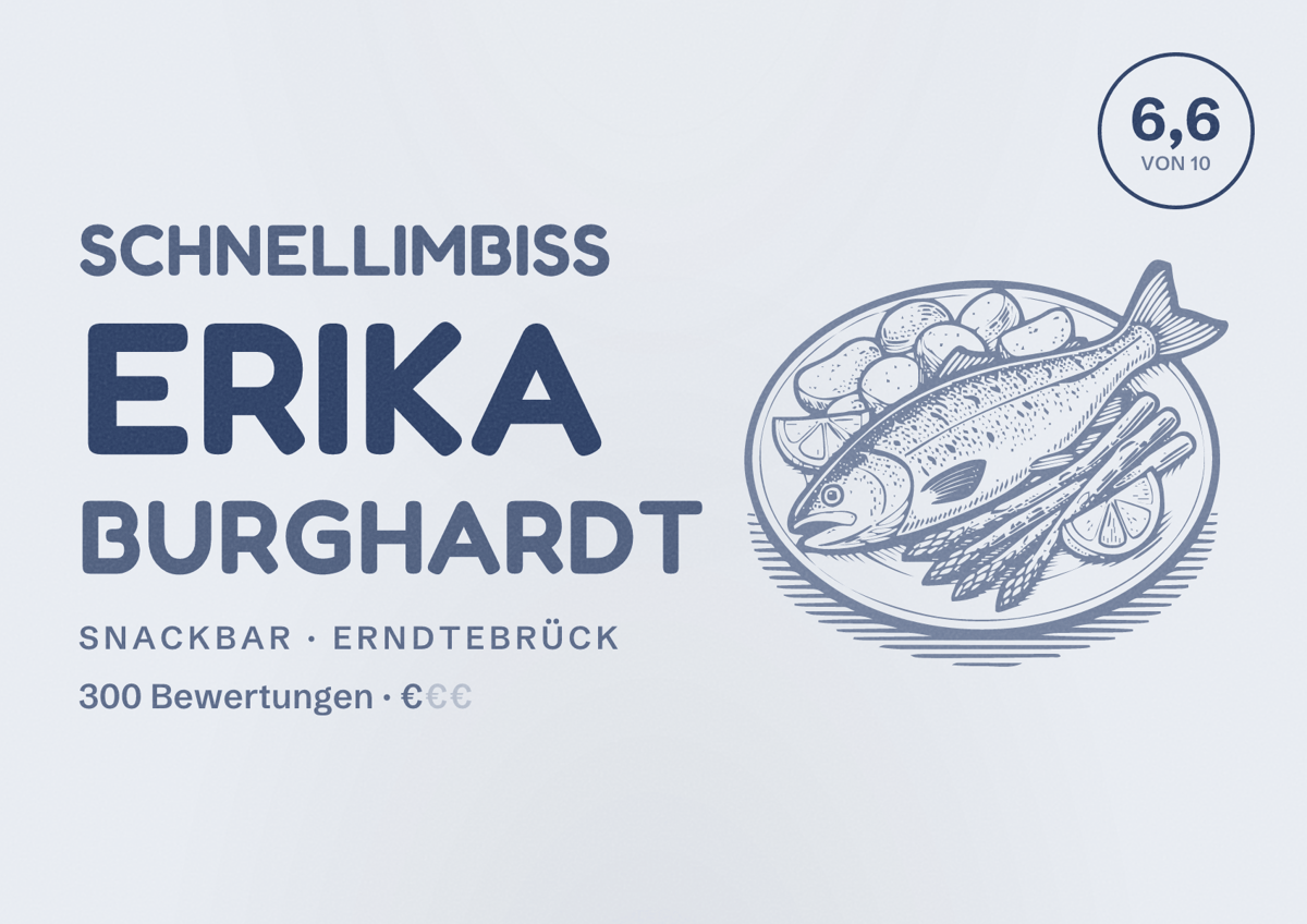 Illustriertes Poster von Schnellimbiss Erika Burghardt, Snackbar in Erndtebrück: Bewertung 6,6 von 10 aus 300 Bewertungen, Preisniveau €