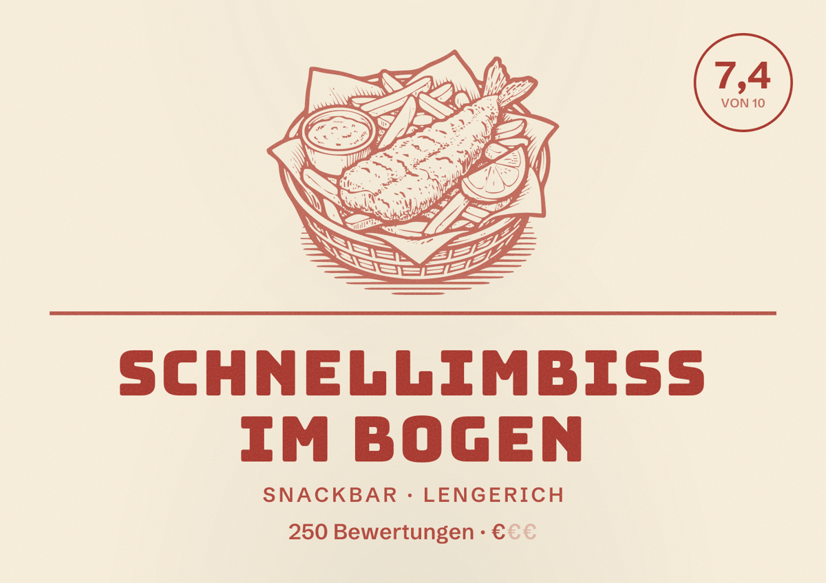 Illustriertes Poster von Schnellimbiss im Bogen, Snackbar in Lengerich: Bewertung 7,4 von 10 aus 250 Bewertungen, Preisniveau €