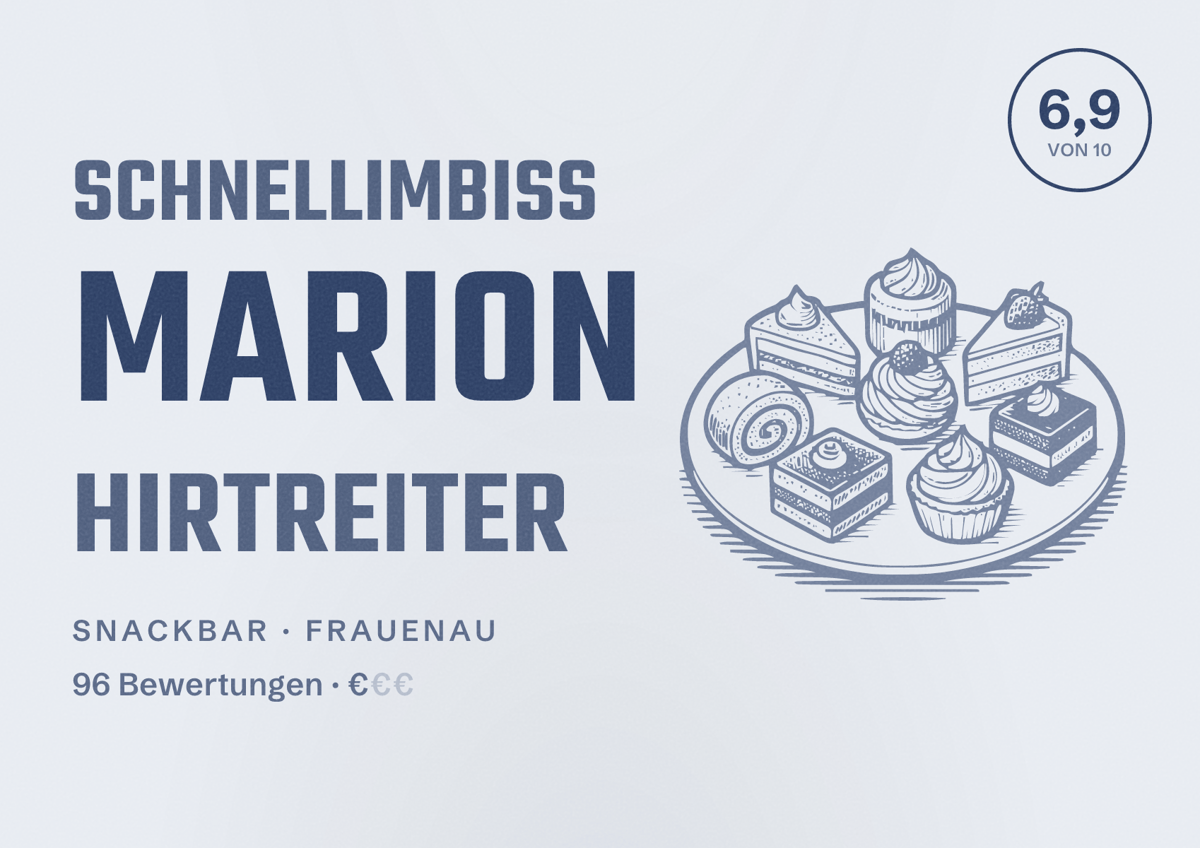 Illustriertes Poster von Schnellimbiss Marion Hirtreiter, Snackbar in Frauenau: Bewertung 6,9 von 10 aus 96 Bewertungen, Preisniveau €