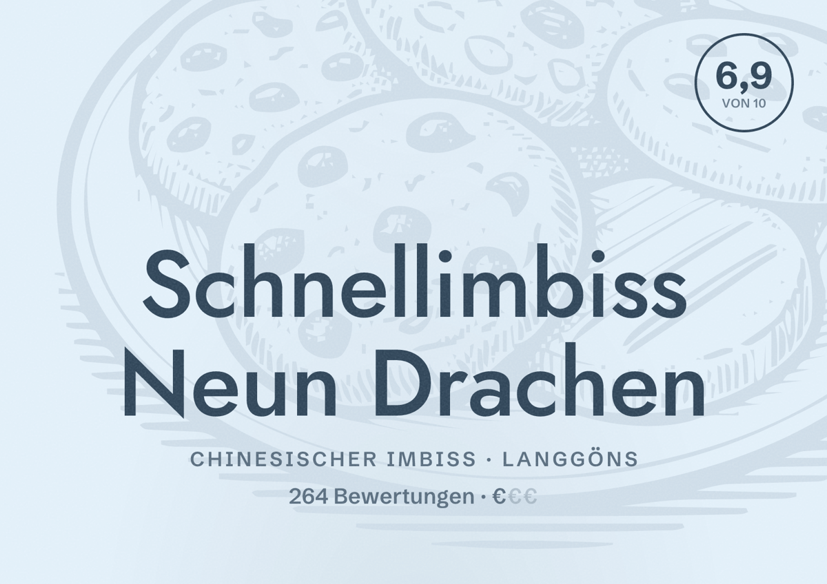Illustriertes Poster von Schnellimbiss Neun Drachen, Chinesischer Imbiss in Langgöns: Bewertung 6,9 von 10 aus 264 Bewertungen, Preisniveau €