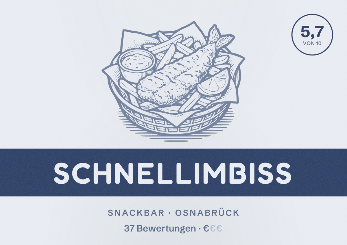 Illustriertes Poster von Schnellimbiss, Snackbar in Osnabrück: Bewertung 5,7 von 10 aus 37 Bewertungen, Preisniveau €