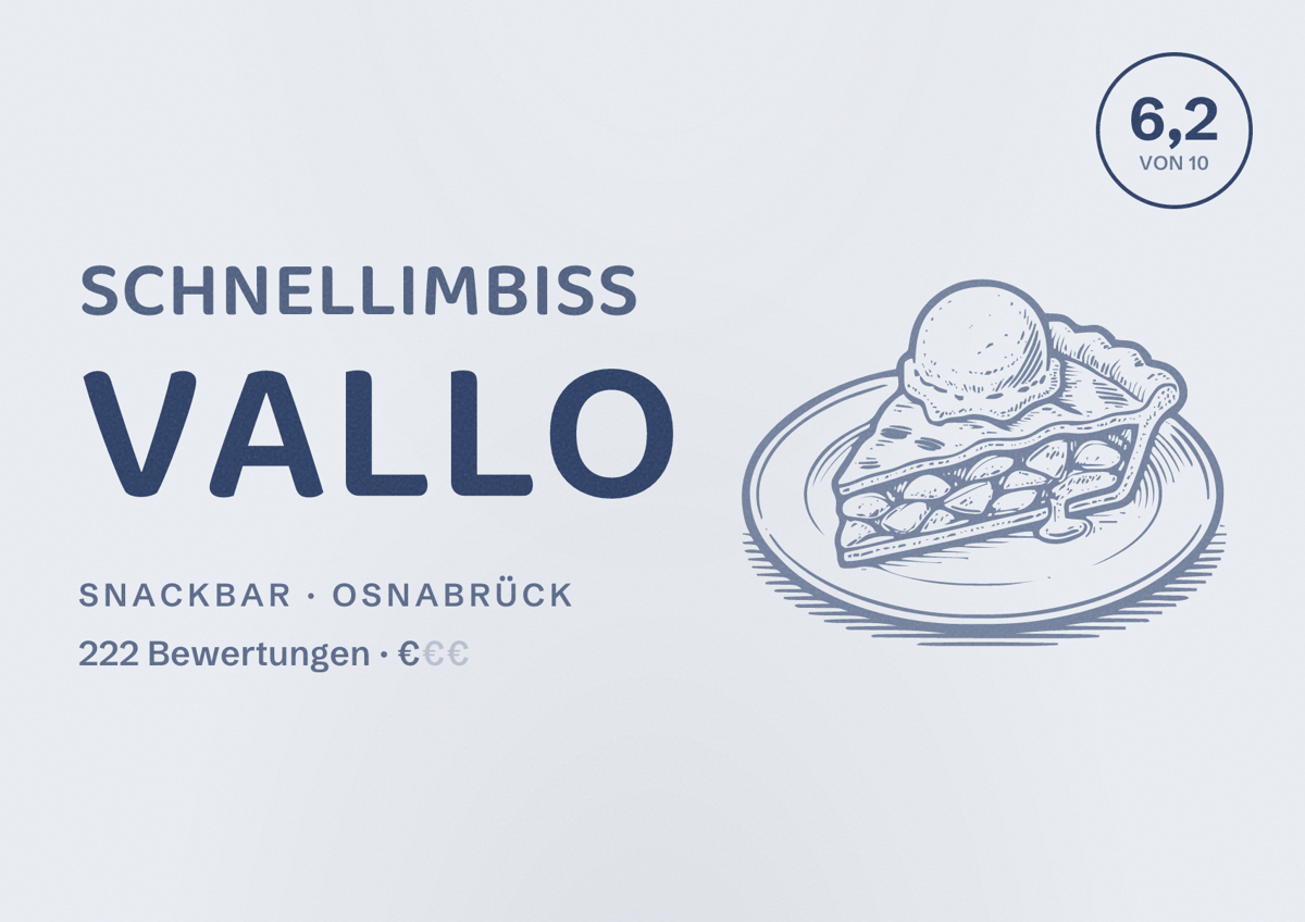 Illustriertes Poster von Schnellimbiss Vallo, Snackbar in Osnabrück: Bewertung 6,2 von 10 aus 222 Bewertungen, Preisniveau €