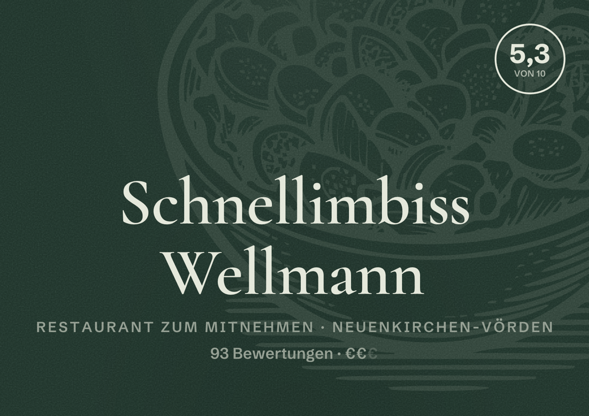 Illustriertes Poster von Schnellimbiss Wellmann, Restaurant zum Mitnehmen in Neuenkirchen-Vörden: Bewertung 5,3 von 10 aus 93 Bewertungen, Preisniveau €€