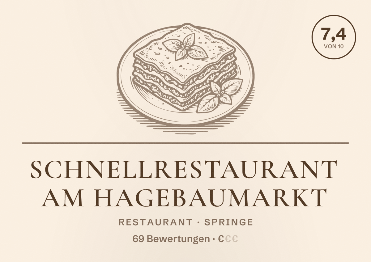 Illustriertes Poster von Schnellrestaurant am hagebaumarkt, Restaurant in Springe: Bewertung 7,4 von 10 aus 69 Bewertungen, Preisniveau €
