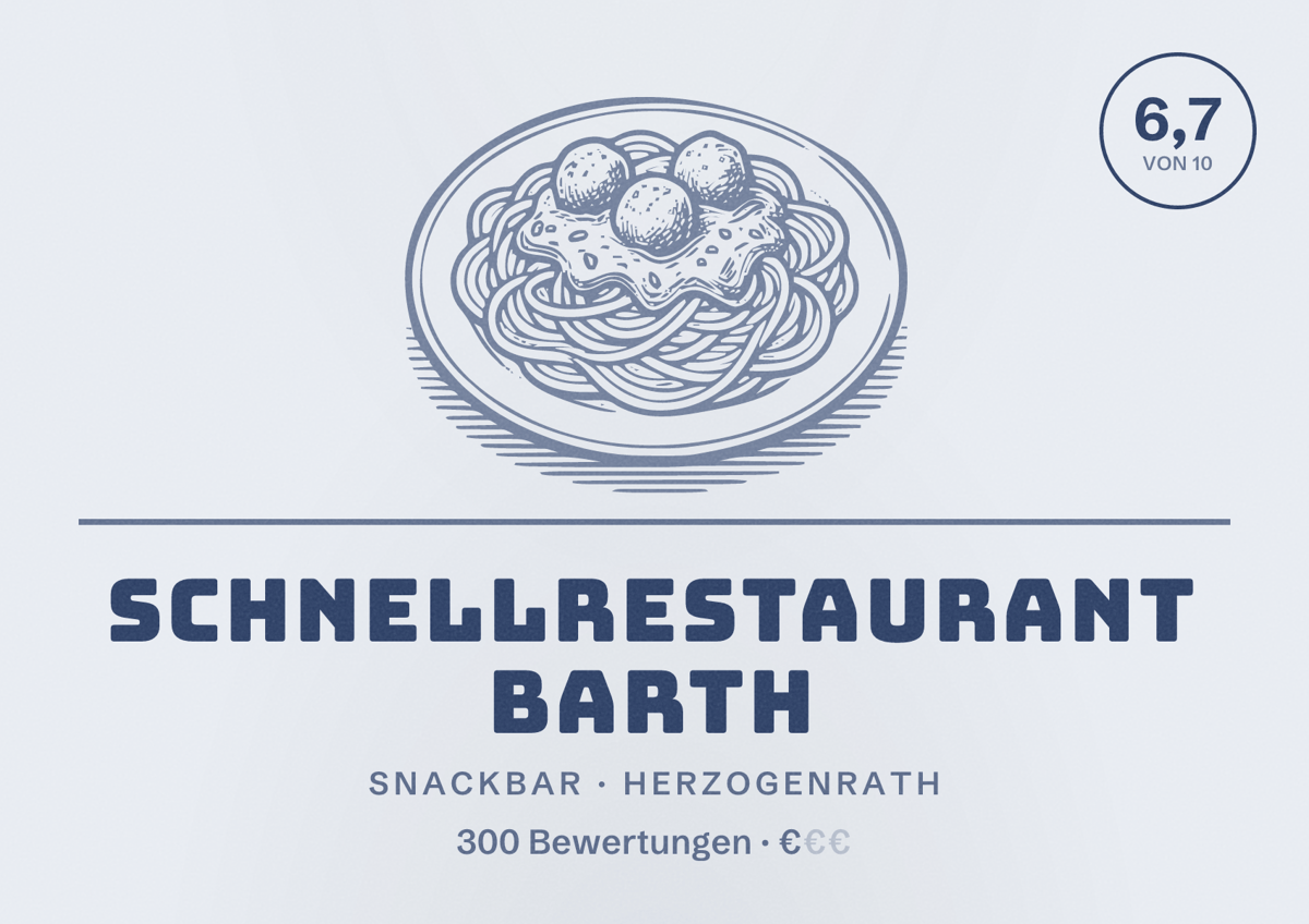 Illustriertes Poster von Schnellrestaurant Barth, Snackbar in Herzogenrath: Bewertung 6,7 von 10 aus 300 Bewertungen, Preisniveau €