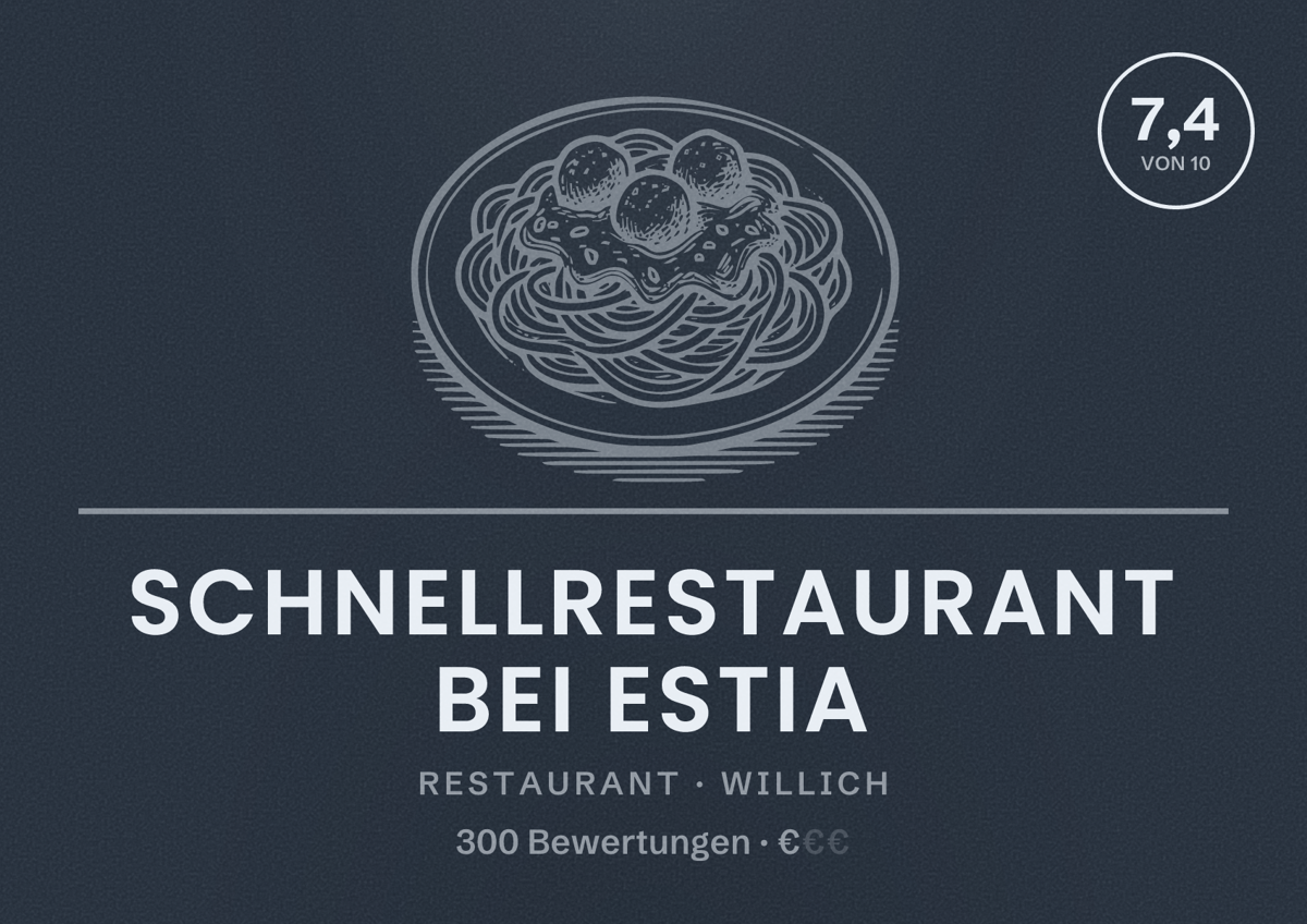 Illustriertes Poster von Schnellrestaurant Bei Estia, Restaurant in Willich: Bewertung 7,4 von 10 aus 300 Bewertungen, Preisniveau €