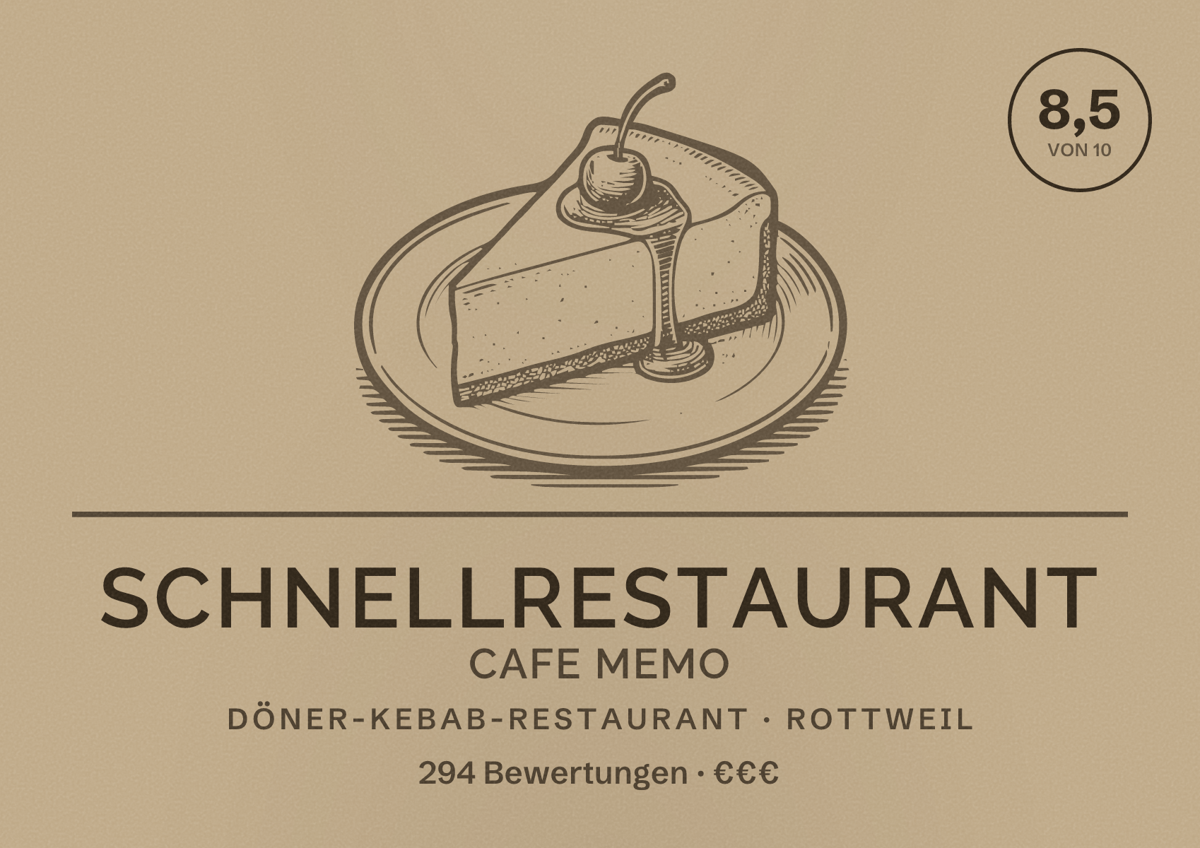 Illustriertes Poster von Schnellrestaurant Cafe Memo, Döner-Kebab-Restaurant in Rottweil: Bewertung 8,5 von 10 aus 294 Bewertungen, Preisniveau €€€