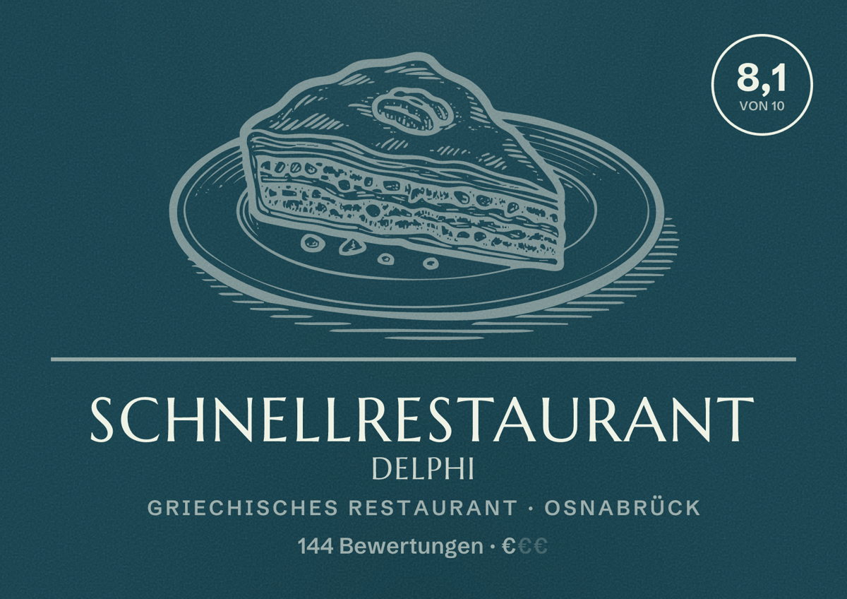 Illustriertes Poster von Schnellrestaurant Delphi, Griechisches Restaurant in Osnabrück: Bewertung 8,1 von 10 aus 144 Bewertungen, Preisniveau €