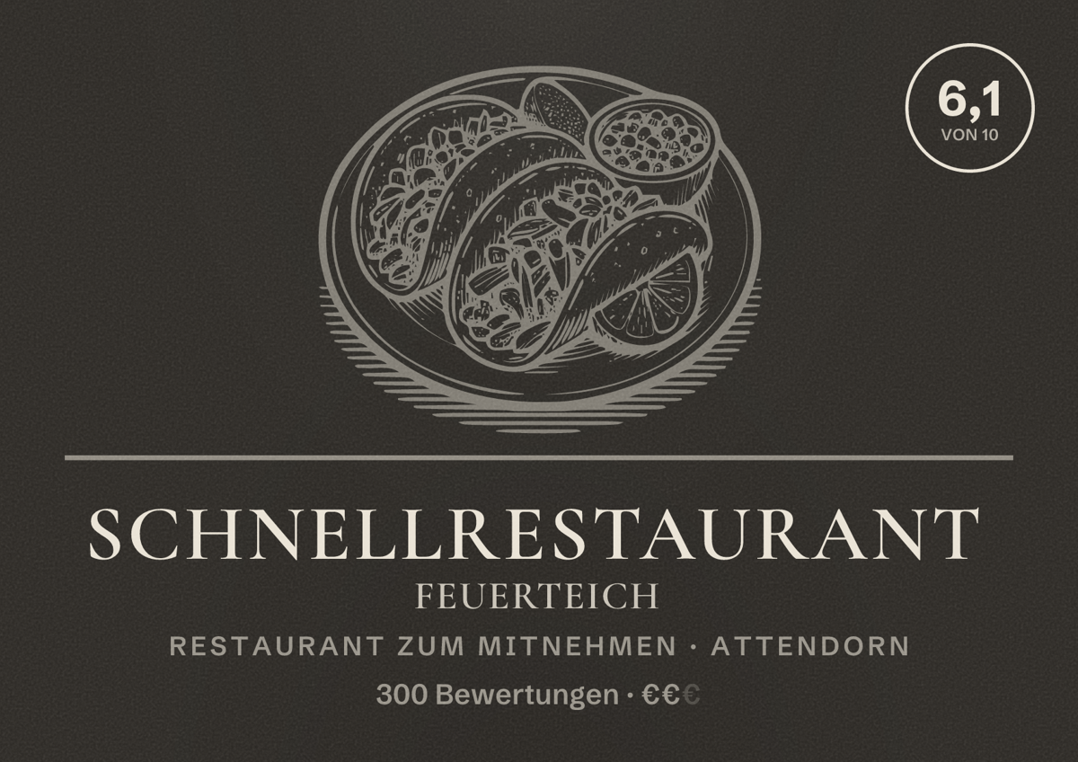 Illustriertes Poster von Schnellrestaurant Feuerteich, Restaurant zum Mitnehmen in Attendorn: Bewertung 6,1 von 10 aus 300 Bewertungen, Preisniveau €€