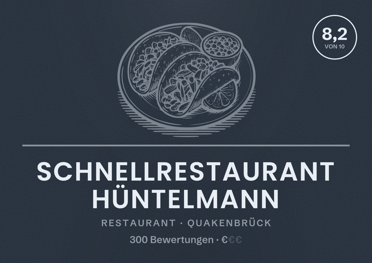 Illustriertes Poster von Schnellrestaurant Hüntelmann, Restaurant in Quakenbrück: Bewertung 8,2 von 10 aus 300 Bewertungen, Preisniveau €